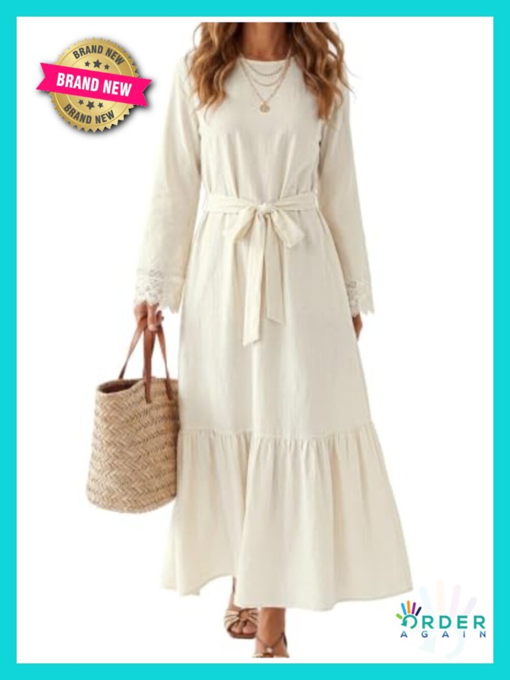 Lace Trim Ruffle Tie Waist Flowy Maxi Dress Long Sleeve Boho Casual